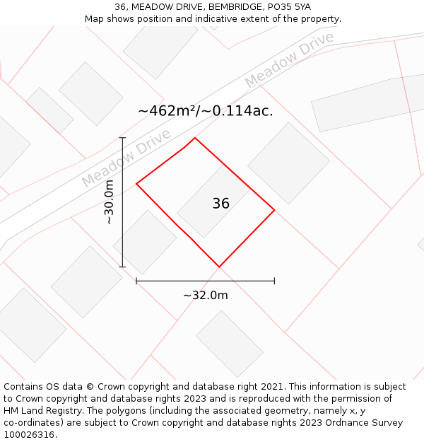 36, MEADOW DRIVE, BEMBRIDGE, PO35 5YA: Plot and title map