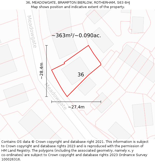 36, MEADOWGATE, BRAMPTON BIERLOW, ROTHERHAM, S63 6HJ: Plot and title map
