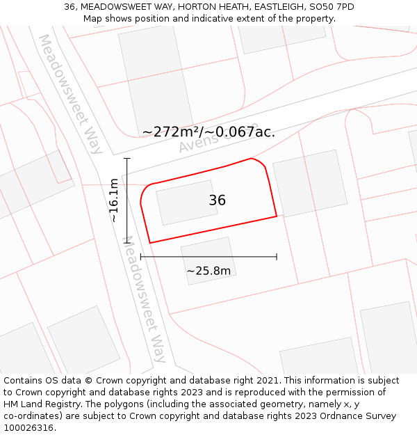 36, MEADOWSWEET WAY, HORTON HEATH, EASTLEIGH, SO50 7PD: Plot and title map