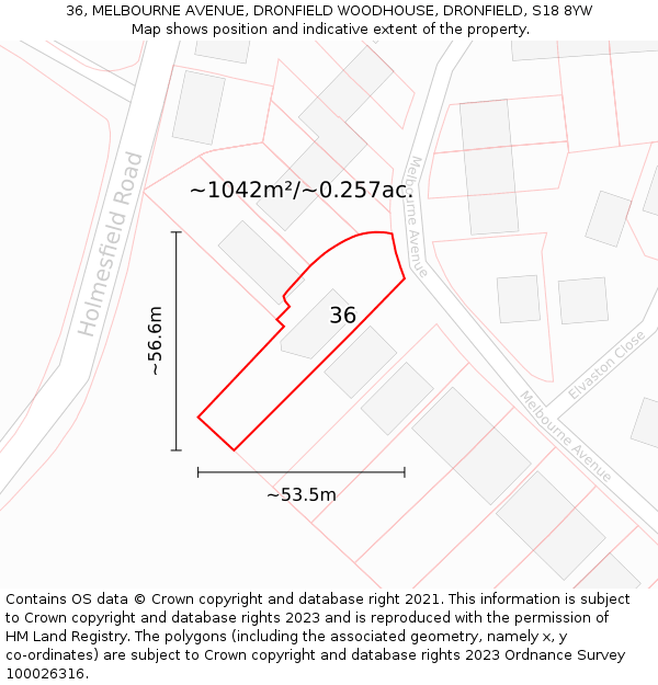 36, MELBOURNE AVENUE, DRONFIELD WOODHOUSE, DRONFIELD, S18 8YW: Plot and title map