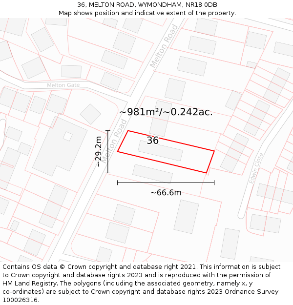 36, MELTON ROAD, WYMONDHAM, NR18 0DB: Plot and title map