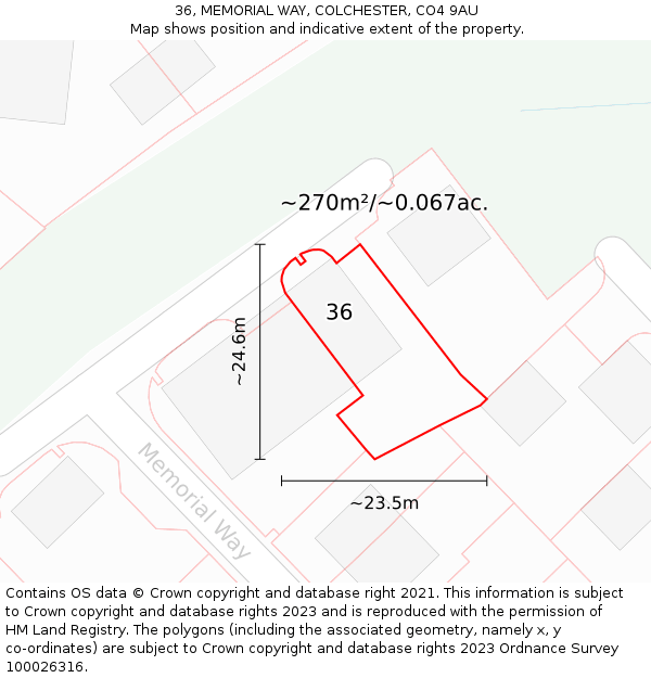 36, MEMORIAL WAY, COLCHESTER, CO4 9AU: Plot and title map