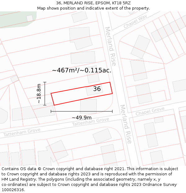 36, MERLAND RISE, EPSOM, KT18 5RZ: Plot and title map