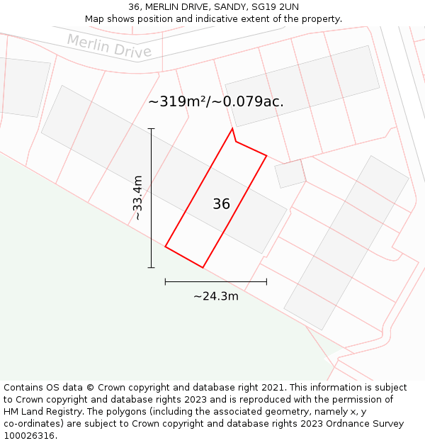 36, MERLIN DRIVE, SANDY, SG19 2UN: Plot and title map