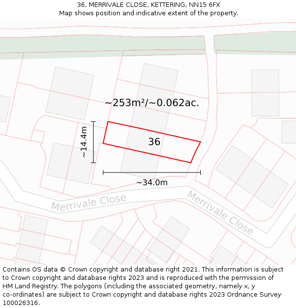 36, MERRIVALE CLOSE, KETTERING, NN15 6FX: Plot and title map