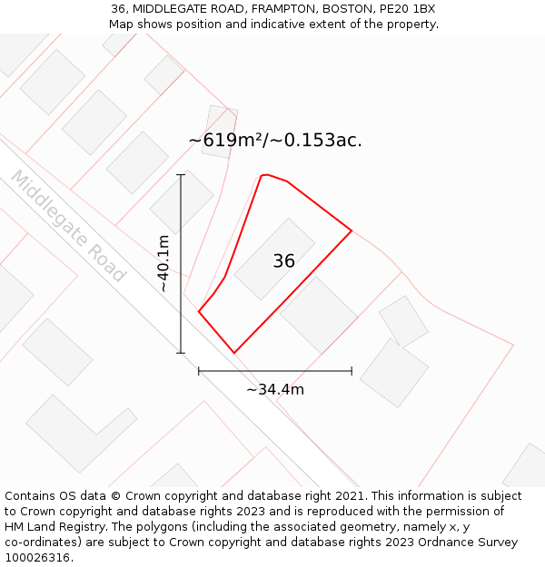 36, MIDDLEGATE ROAD, FRAMPTON, BOSTON, PE20 1BX: Plot and title map