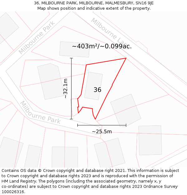 36, MILBOURNE PARK, MILBOURNE, MALMESBURY, SN16 9JE: Plot and title map