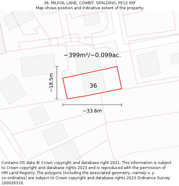 36, MILFOIL LANE, COWBIT, SPALDING, PE12 6XF: Plot and title map