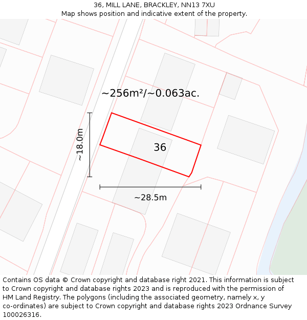 36, MILL LANE, BRACKLEY, NN13 7XU: Plot and title map