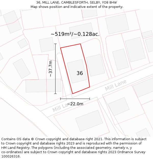 36, MILL LANE, CAMBLESFORTH, SELBY, YO8 8HW: Plot and title map
