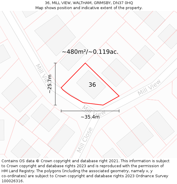 36, MILL VIEW, WALTHAM, GRIMSBY, DN37 0HQ: Plot and title map