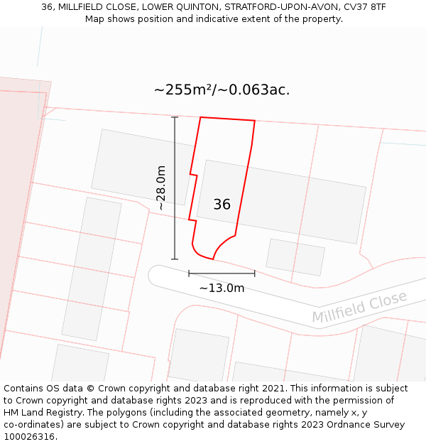 36, MILLFIELD CLOSE, LOWER QUINTON, STRATFORD-UPON-AVON, CV37 8TF: Plot and title map