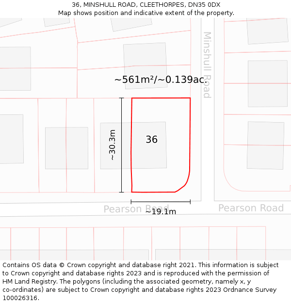 36, MINSHULL ROAD, CLEETHORPES, DN35 0DX: Plot and title map