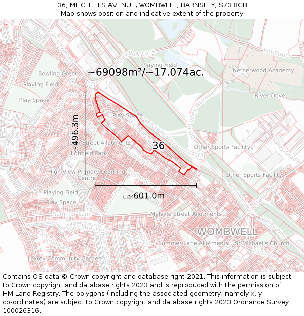 36, MITCHELLS AVENUE, WOMBWELL, BARNSLEY, S73 8GB: Plot and title map