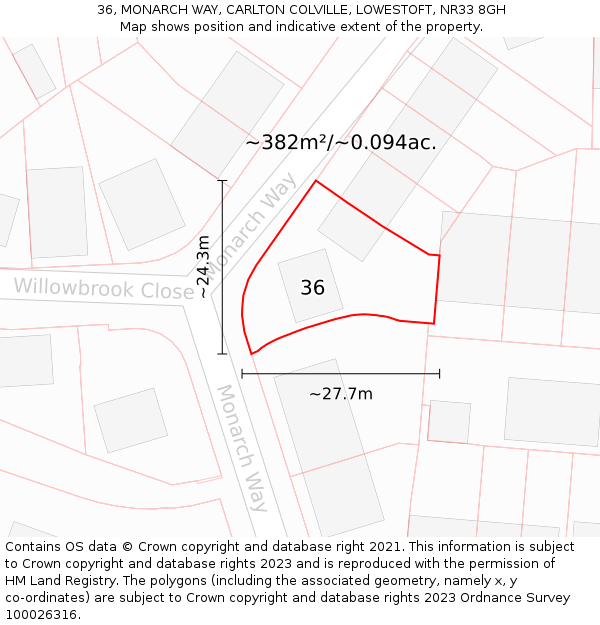 36, MONARCH WAY, CARLTON COLVILLE, LOWESTOFT, NR33 8GH: Plot and title map