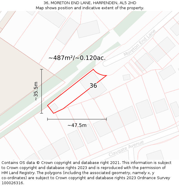 36, MORETON END LANE, HARPENDEN, AL5 2HD: Plot and title map