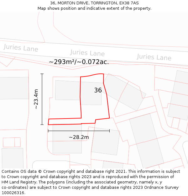36, MORTON DRIVE, TORRINGTON, EX38 7AS: Plot and title map