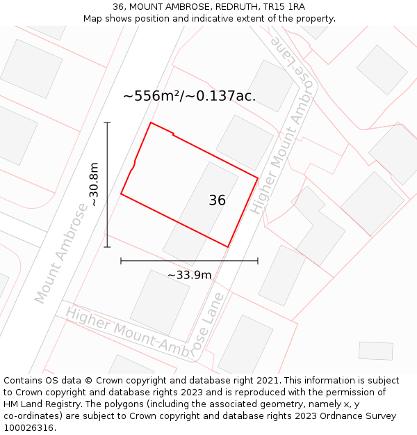 36, MOUNT AMBROSE, REDRUTH, TR15 1RA: Plot and title map