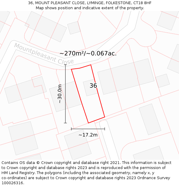 36, MOUNT PLEASANT CLOSE, LYMINGE, FOLKESTONE, CT18 8HF: Plot and title map