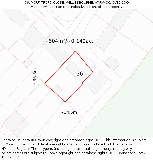 36, MOUNTFORD CLOSE, WELLESBOURNE, WARWICK, CV35 9QQ: Plot and title map