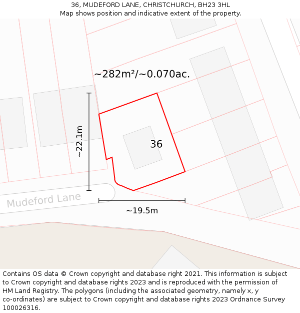 36, MUDEFORD LANE, CHRISTCHURCH, BH23 3HL: Plot and title map