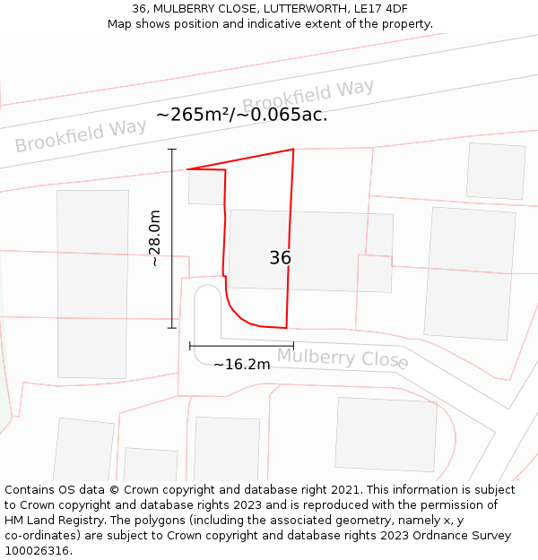 36, MULBERRY CLOSE, LUTTERWORTH, LE17 4DF: Plot and title map