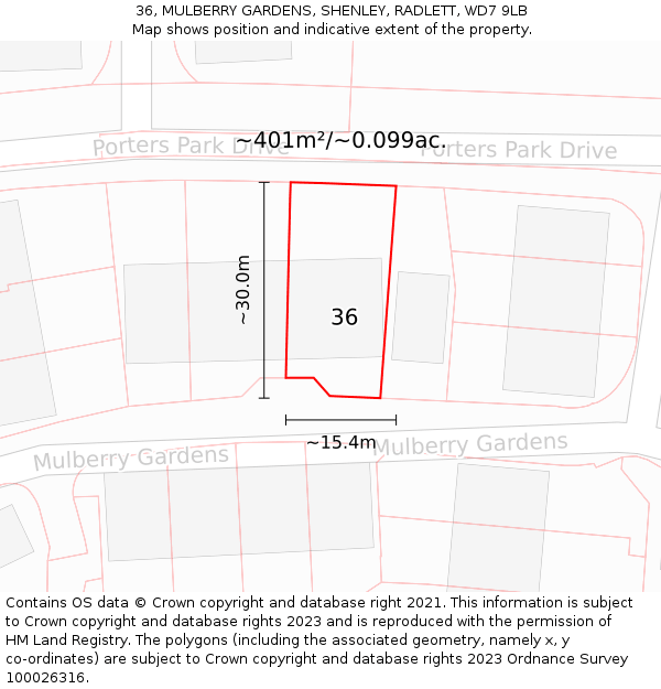 36, MULBERRY GARDENS, SHENLEY, RADLETT, WD7 9LB: Plot and title map