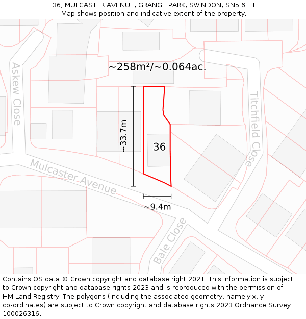 36, MULCASTER AVENUE, GRANGE PARK, SWINDON, SN5 6EH: Plot and title map