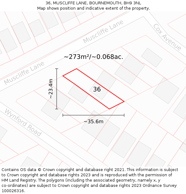 36, MUSCLIFFE LANE, BOURNEMOUTH, BH9 3NL: Plot and title map