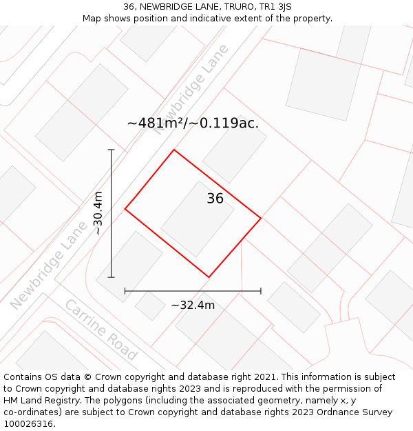36, NEWBRIDGE LANE, TRURO, TR1 3JS: Plot and title map