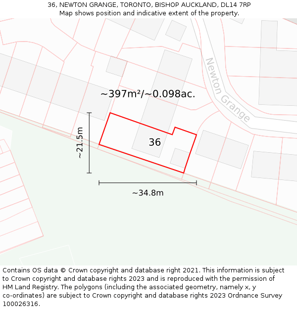 36, NEWTON GRANGE, TORONTO, BISHOP AUCKLAND, DL14 7RP: Plot and title map