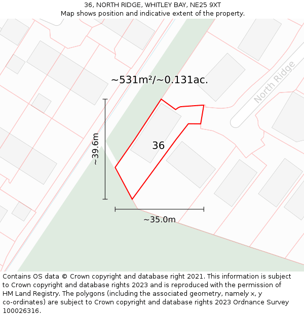 36, NORTH RIDGE, WHITLEY BAY, NE25 9XT: Plot and title map