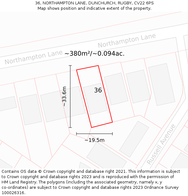 36, NORTHAMPTON LANE, DUNCHURCH, RUGBY, CV22 6PS: Plot and title map