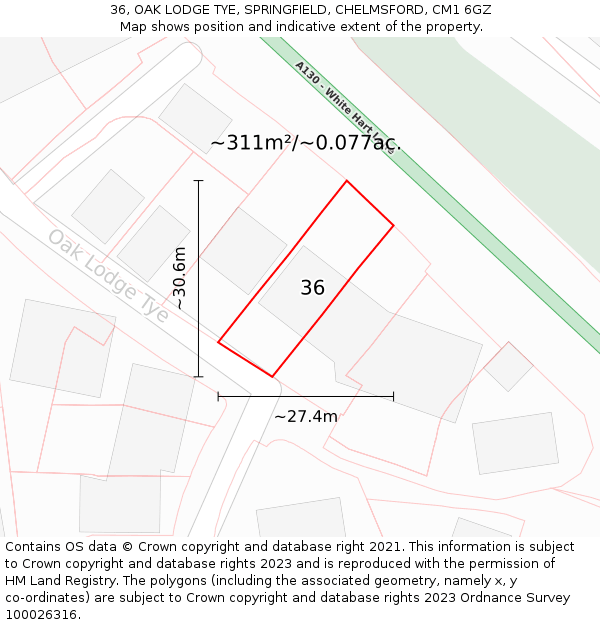 36, OAK LODGE TYE, SPRINGFIELD, CHELMSFORD, CM1 6GZ: Plot and title map