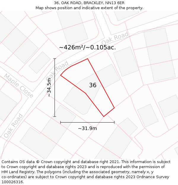 36, OAK ROAD, BRACKLEY, NN13 6ER: Plot and title map