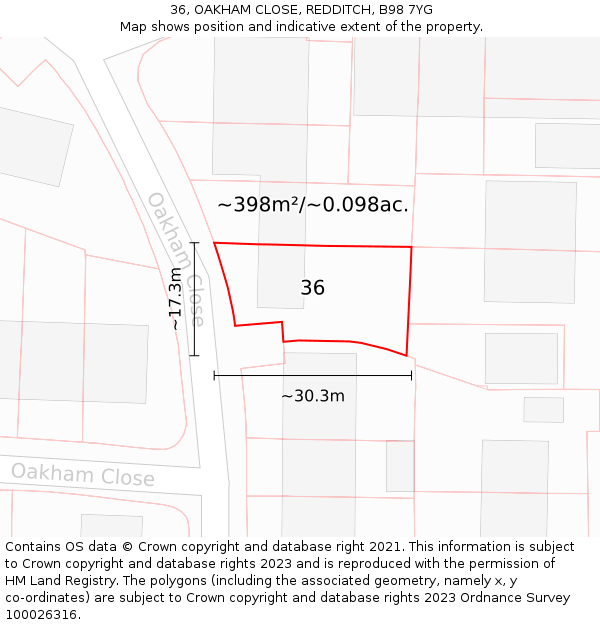 36, OAKHAM CLOSE, REDDITCH, B98 7YG: Plot and title map