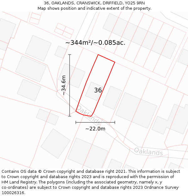 36, OAKLANDS, CRANSWICK, DRIFFIELD, YO25 9RN: Plot and title map