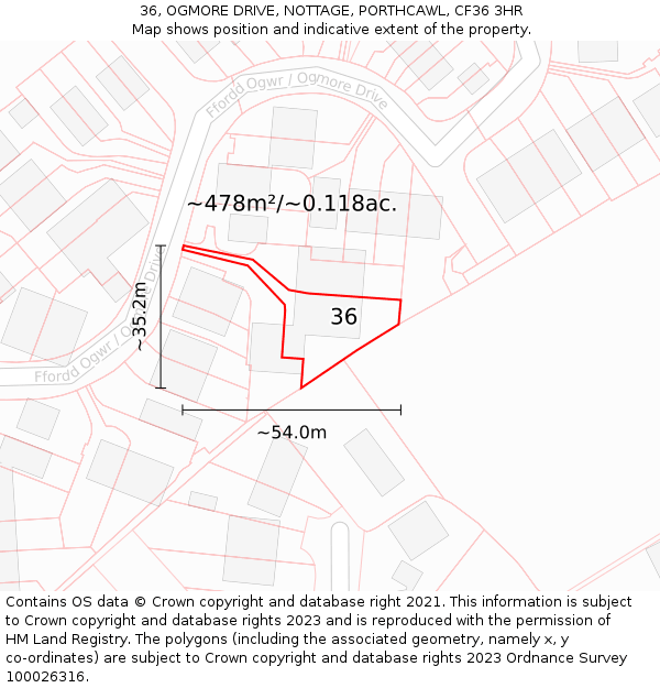 36, OGMORE DRIVE, NOTTAGE, PORTHCAWL, CF36 3HR: Plot and title map