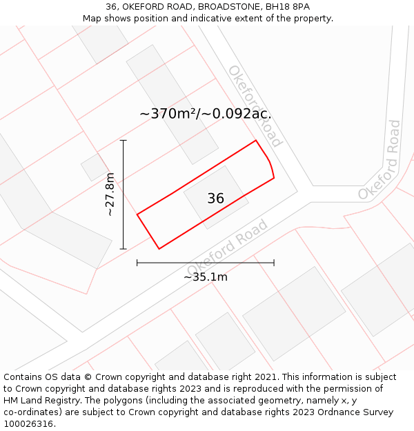 36, OKEFORD ROAD, BROADSTONE, BH18 8PA: Plot and title map