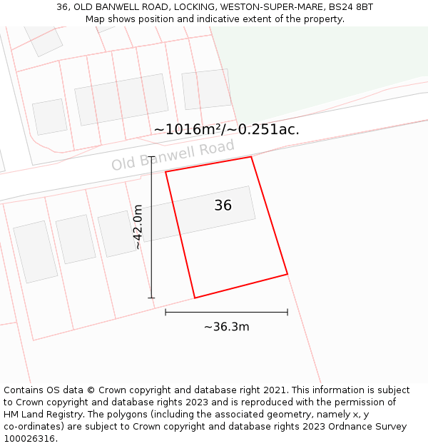 36, OLD BANWELL ROAD, LOCKING, WESTON-SUPER-MARE, BS24 8BT: Plot and title map
