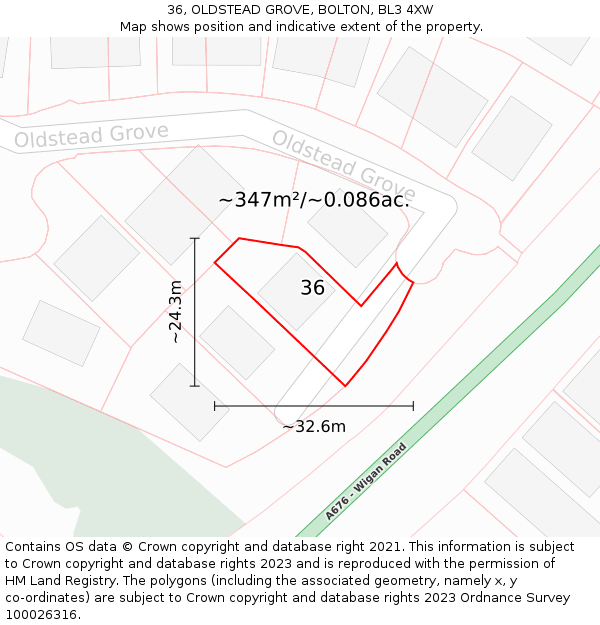36, OLDSTEAD GROVE, BOLTON, BL3 4XW: Plot and title map