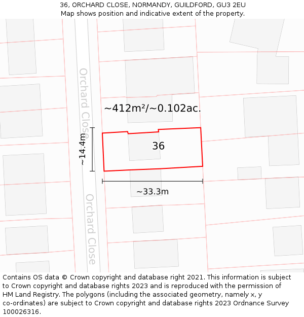 36, ORCHARD CLOSE, NORMANDY, GUILDFORD, GU3 2EU: Plot and title map