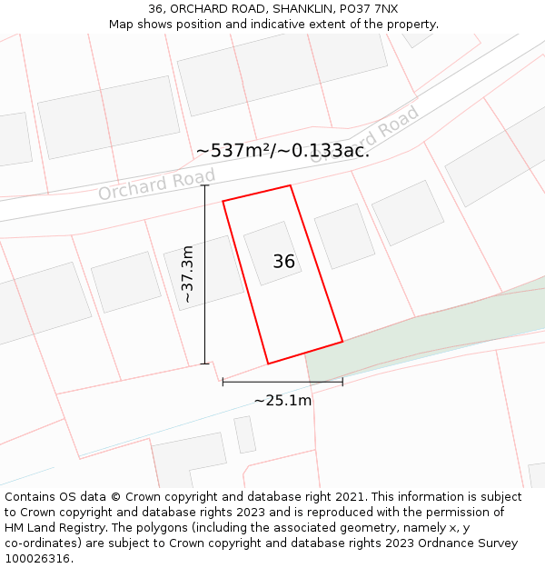 36, ORCHARD ROAD, SHANKLIN, PO37 7NX: Plot and title map