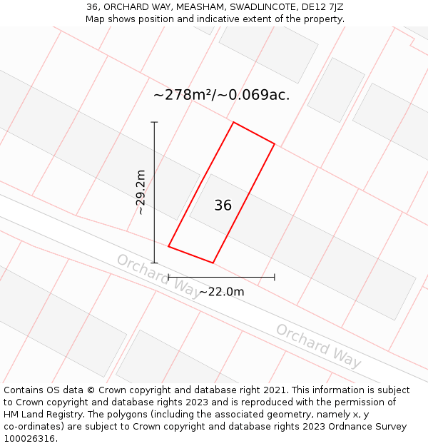 36, ORCHARD WAY, MEASHAM, SWADLINCOTE, DE12 7JZ: Plot and title map