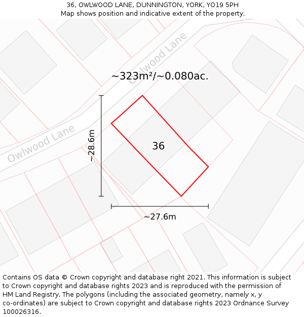 36, OWLWOOD LANE, DUNNINGTON, YORK, YO19 5PH: Plot and title map