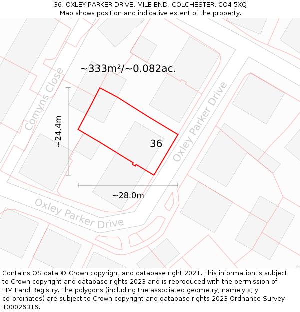36, OXLEY PARKER DRIVE, MILE END, COLCHESTER, CO4 5XQ: Plot and title map