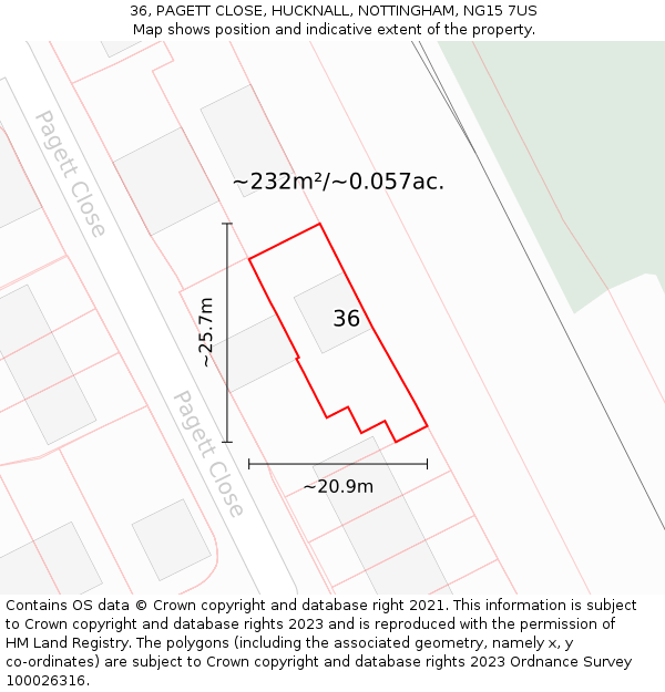 36, PAGETT CLOSE, HUCKNALL, NOTTINGHAM, NG15 7US: Plot and title map