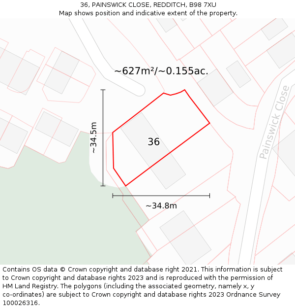 36, PAINSWICK CLOSE, REDDITCH, B98 7XU: Plot and title map