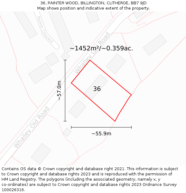 36, PAINTER WOOD, BILLINGTON, CLITHEROE, BB7 9JD: Plot and title map