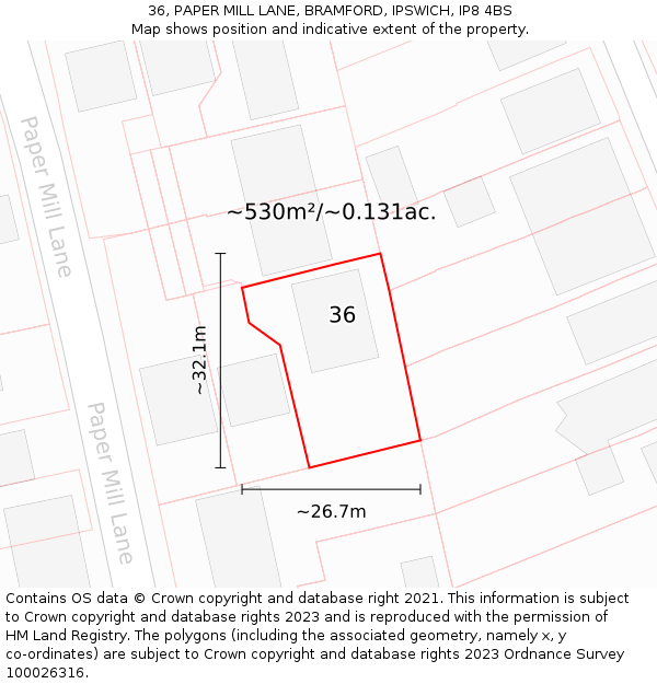36, PAPER MILL LANE, BRAMFORD, IPSWICH, IP8 4BS: Plot and title map